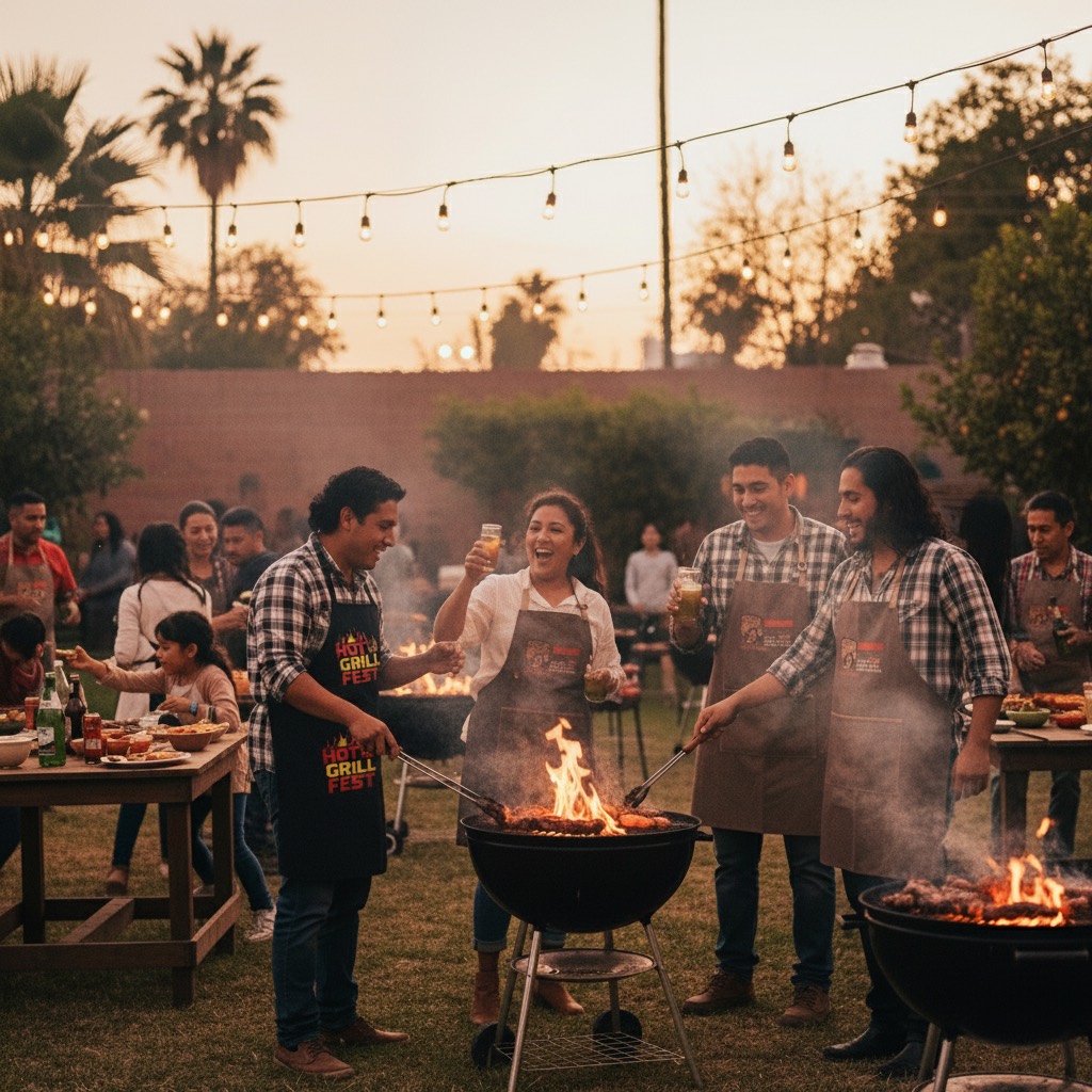 Familia y amigos conviviendo alrededor de las parrillas en el Hot Grill Fest