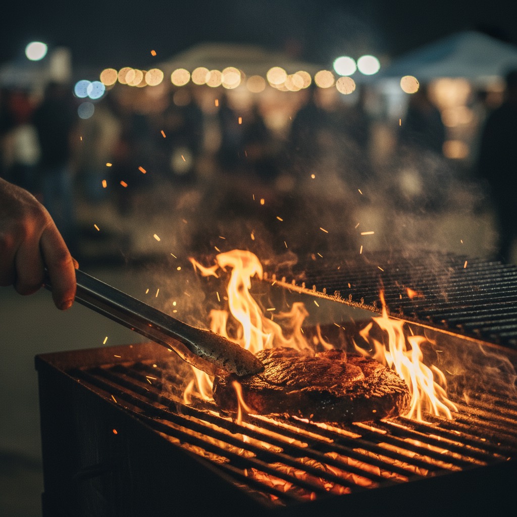 Parrillero cocinando un rib eye al fuego en el concurso