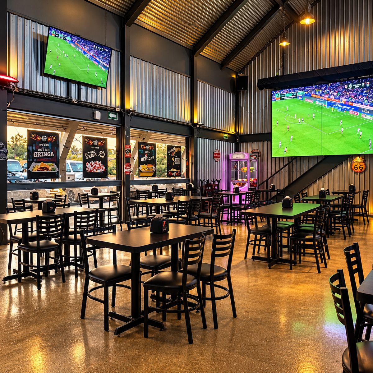 Comedor del Hot Rod Wings Sports Bar & Games en Suterm, Piedras Negras, con pantallas y mesas